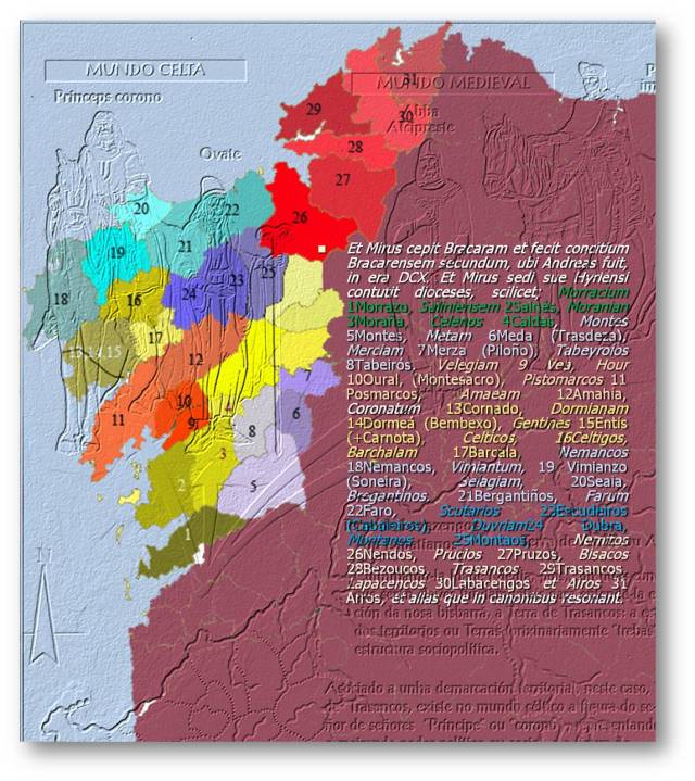 Mapa amosando em Gallaecia os mór túaithe, unidades políticas superiores as trebas (André Pena)